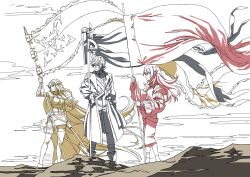 Rule 34 | 1boy, 2girls, absurdly long hair, arknights, bare shoulders, coat, elysium (arknights), flag, hairband, highres, holding, holding flag, horns, jacket, limited palette, long hair, long sleeves, multiple girls, myrtle (arknights), off shoulder, open clothes, open coat, outdoors, rapier, saileach (arknights), shirt, standing, sunomono, sword, very long hair, weapon