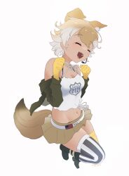 Rule 34 | 1girl, absurdres, animal ears, bare shoulders, beleven, belt, black jacket, blonde hair, boots, coyote (kemono friends), extra ears, gloves, highres, jacket, kemono friends, kemono friends v project, kneehighs, microphone, navel, open mouth, shirt, short hair, simple background, skirt, smile, socks, solo, tail, virtual youtuber, white shirt, wolf ears, wolf girl, wolf tail