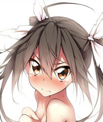 Rule 34 | 10s, 1girl, blush, brown eyes, hair ribbon, highres, kantai collection, long hair, nude, out-of-frame censoring, ribbon, solo, suga hideo, sweat, tears, tone (kancolle), twintails, wavy mouth