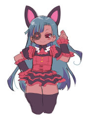 Rule 34 | 1girl, animal ears, black bow, black bowtie, black thighhighs, blue hair, blush stickers, bow, bowtie, closed mouth, cropped legs, dark-skinned female, dark skin, dress, eyepatch, flat chest, hand on own hip, hand up, highres, holding, long hair, looking at viewer, original, red dress, red eyes, simple background, smile, smug, solo, thigh gap, thighhighs, very long hair, white background, zankuro