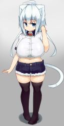 Rule 34 | 1girl, ahoge, animal ears, black thighhighs, blue eyes, blush, breasts, cat ears, cat tail, collar, collared shirt, crop top, felt whitesnow, full body, highres, huge breasts, looking at viewer, navel, original, pigeon-toed, playing with own hair, plump, sawati, seductive smile, shirt, short hair with long locks, short shorts, shorts, smile, solo, tail, thighhighs, zettai ryouiki