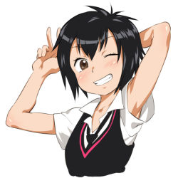 Rule 34 | 1girl, black hair, blush, brown eyes, female focus, funnyari, looking at viewer, marvel, necktie, one eye closed, peni parker, school uniform, short hair, simple background, smile, solo, spider-man: into the spider-verse, spider-man (series), spider-verse, upper body, v, white background