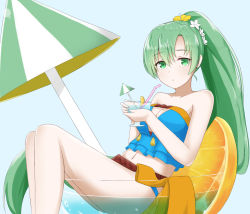 Rule 34 | 1girl, asymmetrical bangs, bare legs, bare shoulders, bikini, bikini top only, blue background, blue bikini, breasts, chirun0, cleavage, cocktail glass, cocktail umbrella, cup, drinking glass, drinking straw, expressionless, fire emblem, fire emblem: the blazing blade, fire emblem heroes, flower, food, frilled bikini, frilled bikini top, frills, fruit, glass, green eyes, green hair, hair between eyes, hair flower, hair ornament, highres, legs together, long hair, looking at viewer, lyn (fire emblem), lyn (summer) (fire emblem), medium breasts, navel, nintendo, official alternate costume, orange (fruit), orange slice, ponytail, simple background, solo, swimsuit
