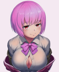 Rule 34 | 10s, 1girl, absurdres, black jelly, bow, breasts, button gap, cleavage, collared shirt, dress shirt, gridman universe, highres, jacket, large breasts, light purple hair, long sleeves, looking at viewer, off shoulder, purple bow, purple jacket, red eyes, shinjou akane, shirt, short hair, skirt, smile, solo, ssss.gridman, unbuttoned, unbuttoned shirt, white shirt