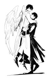 Rule 34 | 0717 penguin, 2boys, angel wings, boots, coat, eye contact, feathered wings, full body, greyscale, hand on another&#039;s shoulder, highres, hug, kim dokja, long sleeves, looking at another, male focus, monochrome, multiple boys, omniscient reader&#039;s viewpoint, open mouth, pants, shoes, short hair, simple background, standing, white background, wings, yaoi, yoo joonghyuk