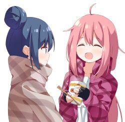 Rule 34 | 2girls, ahoge, black gloves, blue hair, blush, chopsticks, closed eyes, closed mouth, collarbone, commission, facing another, fingerless gloves, gloves, hair between eyes, haru (konomi 150), highres, holding, holding chopsticks, jacket, kagamihara nadeshiko, long hair, long sleeves, multiple girls, nissin cup noodle, open clothes, open jacket, open mouth, pink hair, pink jacket, pixiv commission, purple eyes, shima rin, simple background, smile, upper body, white background, yurucamp