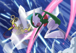 Rule 34 | bad id, bad pixiv id, battle, blue background, commentary request, creature, creatures (company), doublade, eye contact, gallade, game freak, gen 4 pokemon, gen 6 pokemon, highres, looking at another, nintendo, no humans, pokemon, pokemon (creature), signature, simple background, sword, weapon, yukari (yukari21653710)