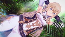 1girl, alternate hair length, alternate hairstyle, armpits, bangs, bare shoulders, belt, blonde hair, blue eyes, blush, breasts, coattails, detached collar, detached sleeves, diamond (shape), falling leaves, forest, genshin impact, hands behind head, highres, jean (genshin impact), jean gunnhildr (genshin impact), koikatsu, leaf, leaves, long hair, looking at viewer, medium breasts, nature, outdoors, pants, sidelocks, smile, solo, sunlight, tight, tight pants, vambraces, white legwear
