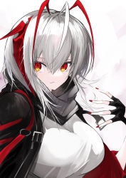 Rule 34 | 1girl, absurdres, ahoge, antennae, arknights, black gloves, black jacket, black scarf, breasts, demon horns, female focus, fingerless gloves, gloves, grey shirt, hair between eyes, highres, horns, jacket, large breasts, looking at viewer, nail polish, open clothes, open jacket, parted lips, red eyes, red nails, scarf, shirt, short hair, simple background, smile, solo, upper body, w (arknights), white background, yonagi white