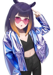 Rule 34 | 1girl, :o, alternate costume, black pants, blunt bangs, glasses, gradient hair, hand up, heart, heart-shaped eyewear, highres, hololive, hololive english, jacket, long hair, looking at viewer, midriff, mole, mole under eye, multicolored hair, navel, ninomae ina&#039;nis, open mouth, orange hair, pants, pink-tinted eyewear, purple hair, seistfu, shiny clothes, sidelocks, simple background, solo, standing, tentacle hair, tinted eyewear, virtual youtuber, white background