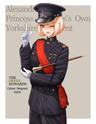 Rule 34 | 1girl, baton, blonde hair, united kingdom, british army, buttons, carrying, carrying under arm, commentary request, cowboy shot, dorotabou (dieter), english text, epaulettes, gloves, green eyes, grin, hand on own elbow, hat, highres, historical, looking at viewer, military, military hat, military uniform, one eye closed, open mouth, peaked cap, pointing, pointing up, red sash, sash, short hair, simple background, smile, solo, standing, tunic, uniform, white gloves, wink