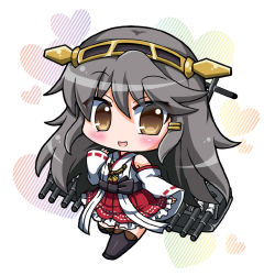 Rule 34 | 10s, 1girl, bad id, bad pixiv id, bare shoulders, black hair, black thighhighs, blush, boots, brown eyes, cannon, chibi, detached sleeves, hairband, haruna (kancolle), japanese clothes, kantai collection, long hair, noai nioshi, nontraditional miko, open mouth, personification, skirt, smile, solo, thigh boots, thighhighs, turret