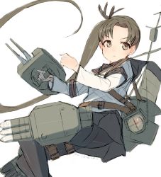 Rule 34 | 1girl, adapted turret, alchera, ayanami (kancolle), ayanami kai ni (kancolle), black sailor collar, black skirt, brown eyes, brown hair, cannon, commentary request, kantai collection, long hair, looking to the side, machinery, pleated skirt, sailor collar, school uniform, serafuku, side ponytail, simple background, skirt, solo, torpedo launcher, turret, white background