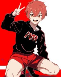 Rule 34 | 1boy, :d, black footwear, black shirt, commentary, dated, hair between eyes, highres, kiyose akira, long sleeves, male focus, open mouth, ppie 07, red background, red eyes, red hair, red shorts, shirt, shoes, short hair, shorts, smile, solo, squatting, symbol-only commentary, two-tone background, uniteup!, v, white background