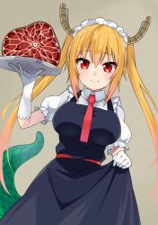 Rule 34 | 10s, 1girl, blonde hair, breasts, brown background, dragon girl, dragon tail, fang, fang out, food, gloves, gomashi (goma), gradient hair, horns, kobayashi-san chi no maidragon, large breasts, large tail, long hair, looking at viewer, maid, maid headdress, multicolored hair, puffy short sleeves, puffy sleeves, red eyes, short sleeves, simple background, skirt hold, smile, solo, steak, tail, tohru (maidragon), tray, twintails, white gloves