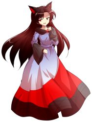 Rule 34 | 1girl, alphes (style), animal ears, brooch, brown hair, dairi, dress, fingernails, full body, highres, imaizumi kagerou, jewelry, long fingernails, long hair, long sleeves, open mouth, parody, red eyes, smile, smug, solo, style parody, touhou, transparent background, wide sleeves, wolf ears