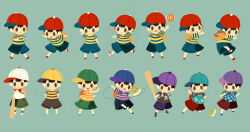 Rule 34 | 1boy, arm behind head, arm up, arms at sides, bag, baseball bat, black hair, blue background, blue headwear, blue shorts, blush stickers, brown background, brown bag, checkered clothes, checkered shirt, closed mouth, doseisan, fighting stance, green footwear, green headwear, green shorts, grey bag, highres, hitofutarai, holding, holding baseball bat, looking at viewer, looking back, male focus, mother (game), mother 2, ness (mother 2), nintendo, ok sign, open mouth, red bag, red footwear, red headwear, red socks, shirt, short hair, shorts, sideways hat, smile, socks, solid oval eyes, speech bubble, striped clothes, striped shirt, super smash bros., variations, white footwear, white headwear, white socks, yellow footwear, yo-yo