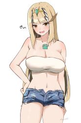 Rule 34 | 1girl, :d, absurdres, armpit crease, bandeau, blonde hair, breasts, cleavage, closed mouth, collarbone, commentary request, core crystal (xenoblade), cowboy shot, crop top, denim, denim shorts, hand on own hip, highres, kanuici336, large breasts, long hair, looking at viewer, midriff, mythra (xenoblade), navel, open mouth, short shorts, shorts, simple background, smile, solo, standing, strapless, tiara, tube top, very long hair, white background, xenoblade chronicles (series), xenoblade chronicles 2, yellow eyes