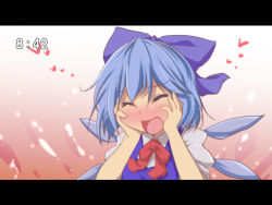 Rule 34 | 1girl, ^ ^, aki (akikaze asparagus), autumn (artist), blue hair, blush, cirno, clock, clockshow, closed eyes, embarrassed, closed eyes, fake screenshot, female focus, hair ribbon, hands on own cheeks, hands on own face, heart, letterboxed, open mouth, ribbon, short hair, solo, embodiment of scarlet devil, timestamp, touhou, wings