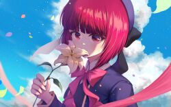 Rule 34 | 1girl, arima kana, beret, blazer, blue hat, blue jacket, blue sky, blunt bangs, bob cut, bow, bowtie, cloud, collared shirt, covered mouth, falling petals, flower, hat, holding, holding flower, jacket, looking at viewer, oshi no ko, petals, red bow, red bowtie, red eyes, red hair, school uniform, shirt, short hair, sky, solo, upper body, white shirt, youtou high school uniform, yumicha