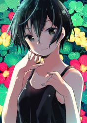 Rule 34 | 1girl, :3, bad id, bad twitter id, black hair, black tank top, head rest, collarbone, commentary request, floral background, flower, grey nails, hair between eyes, hands up, harikamo, looking at viewer, nail polish, original, red flower, short hair, smile, solo, tank top, upper body, yellow flower