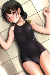Rule 34 | 1girl, absurdres, black hair, black one-piece swimsuit, blush, cowboy shot, flat chest, highres, looking at viewer, low twintails, lying, matsunaga kouyou, nose blush, one-piece swimsuit, original, school swimsuit, short hair, solo, unworn swim cap, swimsuit, tile floor, tiles, twintails