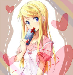Rule 34 | 00s, 1girl, bad id, bad pixiv id, blonde hair, blue eyes, fullmetal alchemist, gift, heart, holding, holding gift, long hair, looking at viewer, multicolored eyes, riru, solo, string, string of fate, valentine, winry rockbell