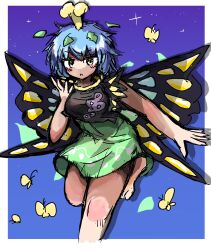 Rule 34 | 1girl, alternate breast size, antennae, aqua hair, barefoot, breasts, bug, butterfly, butterfly wings, dress, eternity larva, eye20806972, fairy, green dress, hair ornament, highres, insect, insect wings, leaf, leaf hair ornament, leaf on head, medium breasts, multicolored clothes, short hair, short sleeves, solo, touhou, wings, yellow eyes, yellow wings