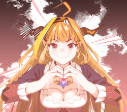 Rule 34 | 1girl, ahoge, black hairband, black jacket, blonde hair, blush, bow, bowtie, breasts, brooch, cleavage, cleavage cutout, clothing cutout, collared shirt, diagonal-striped bow, dragon girl, dragon horns, gem, hairband, hands up, heart, heart hands, heart in eye, highres, hololive, horn bow, horn ornament, horns, jacket, jewelry, kiryu coco, kiryu coco (1st costume), large breasts, long hair, looking at viewer, multicolored hair, orange hair, pointy ears, pre3445, red eyes, shirt, smile, solo, striped, striped bow, symbol in eye, upper body, v-shaped eyebrows, virtual youtuber, white shirt
