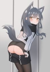 Rule 34 | 1girl, aged down, animal ear fluff, animal ear piercing, animal ears, arknights, ass, black hair, black jacket, black pantyhose, black shorts, blush, clothes pull, cowboy shot, extra ears, from behind, highres, jacket, long hair, long sleeves, looking at viewer, looking back, mooning, multicolored clothes, multicolored jacket, pantyhose, pussy, shorts, shorts pull, solo, tail, texas (arknights), torn clothes, torn pantyhose, two-tone jacket, white jacket, wl217 (nicexa111), wolf ears, wolf girl, wolf tail, yellow eyes