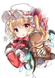 Rule 34 | 1girl, artist name, bad id, bad pixiv id, black gloves, blonde hair, blush, bow, bowtie, commentary request, crystal, flandre scarlet, gloves, hair between eyes, hat, hat bow, highres, jacket, long hair, long sleeves, looking at viewer, mob cap, one side up, open mouth, partial commentary, raina 017, red bow, red eyes, red jacket, signature, simple background, sketch, snowflakes, solo, stuffed animal, stuffed toy, teddy bear, touhou, upper body, white background, white hat, wings