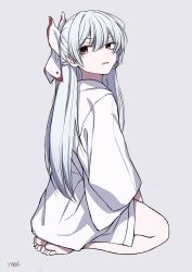 Rule 34 | 1girl, absurdres, alternate costume, bow, from side, fujiwara no mokou, hair bow, highres, long hair, long sleeves, looking at viewer, open mouth, red eyes, seiza, simple background, sitting, solo, touhou, white background, white bow, white hair, yonoisan