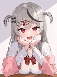 Rule 34 | 1girl, absurdres, black collar, black hair, blush, bow, collar, fang, grey hair, hair ornament, hairpin, head rest, highres, hirayu721, hololive, long hair, looking at viewer, multicolored hair, o-ring collar, open mouth, pink sweater, red bow, red eyes, sakamata chloe, shirt, smile, solo, streaked hair, sweater, teeth, two side up, upper teeth only, virtual youtuber, white shirt, x hair ornament