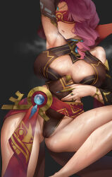 Rule 34 | 1girl, absurdres, arm up, armpits, babel (genshin impact), breasts, brown gloves, brown leotard, cameltoe, clothing cutout, covered navel, drill hair, eremite scorching loremaster (genshin impact), finger to mouth, forehead jewel, gem, genshin impact, gloves, haihai (skeleton), hair over shoulder, highleg, highleg leotard, highres, hood, large breasts, leotard, pink hair, red blindfold, sash, solo