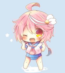 Rule 34 | 10s, 1girl, blue background, blue one-piece swimsuit, chibi, full body, hair ornament, i-58 (kancolle), kantai collection, kou hiyoyo, neckerchief, one-piece swimsuit, one eye closed, open mouth, pink hair, pink neckerchief, red eyes, sailor collar, sailor shirt, school swimsuit, school uniform, serafuku, shirt, short hair, short hair with long locks, simple background, solo, standing, swimsuit, swimsuit under clothes, thumbs up