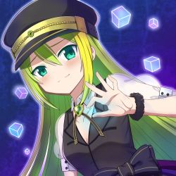 Rule 34 | 1girl, alina gray, aqua eyes, black bow, black hat, black necktie, black vest, blunt ends, blush, bow, brooch, closed mouth, collar, cross tie, detached collar, fur cuffs, gem, green gemstone, green hair, hair between eyes, hat, highres, jewelry, lapels, long hair, magia record: mahou shoujo madoka magica gaiden, magical girl, mahou shoujo madoka magica, multicolored hair, necktie, notched lapels, peaked cap, piatin, puffy short sleeves, puffy sleeves, see-through, see-through sleeves, short sleeves, sidelocks, skirt, sleeve cuffs, smile, straight hair, streaked hair, v-neck, very long hair, vest, waist bow, white collar, white sleeves