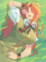 Rule 34 | 1girl, absurdres, arm up, beret, blouse, bow, braid, breasts, closed eyes, day, grass, green hat, hat, highres, hong meiling, large breasts, liangyilin, long hair, open mouth, outdoors, puffy short sleeves, puffy sleeves, red hair, shirt, short sleeves, solo, star (symbol), touhou, twin braids, upper body, vest, white shirt, wristband