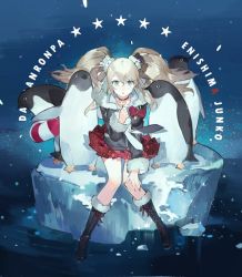 Rule 34 | 10s, 1girl, animal, bird, black footwear, blonde hair, blue eyes, boots, character name, copyright name, cross-laced footwear, danganronpa (series), enoshima junko, fur-trimmed boots, fur trim, hair ornament, ice, innertube, jacket, lace-up boots, penguin, sitting, spoilers, starshadowmagician, swim ring, twintails