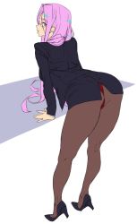 Rule 34 | 1girl, ashiomi masato, ass, fate/grand order, fate/stay night, fate (series), formal, glasses, high heels, long hair, looking at viewer, medusa (fate), medusa (rider) (fate), panties, pantyhose, pencil skirt, purple eyes, purple hair, simple background, skirt, skirt suit, solo, suit, underwear, very long hair, white background