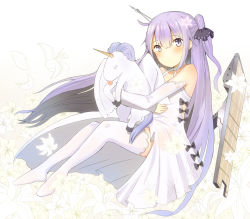 Rule 34 | 1girl, ahoge, azur lane, black bow, black ribbon, blush, bow, closed mouth, commentary request, detached sleeves, dress, fingernails, flight deck, flower, hair between eyes, hair bun, hair ornament, hair ribbon, halterneck, lily (flower), long hair, long sleeves, looking at viewer, miamuly, nail polish, no shoes, hugging object, purple eyes, purple hair, ribbon, side bun, single hair bun, single side bun, sitting, sleeves past wrists, solo, stuffed animal, stuffed pegasus, stuffed toy, stuffed unicorn, stuffed winged unicorn, thighhighs, unicorn (azur lane), very long hair, white background, white dress, white flower, white nails, white thighhighs