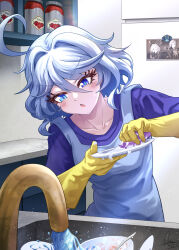 Rule 34 | 1girl, absurdres, ahoge, annoyed, apron, blue eyes, blue hair, blue shirt, bowl, curly hair, dasoin, dishes, dress, drop-shaped pupils, eyebrows hidden by hair, eyelashes, furina (genshin impact), genshin impact, gloves, hat, highres, jar, kitchen, magnet, mismatched pupils, multicolored hair, neuvillette (genshin impact), photo (object), plate, pointing, pointing at viewer, refrigerator magnet, shirt, short hair, sink, smile, soap, solo, sweatdrop, symbol-shaped pupils, tomato sauce, top hat, washing, water, water drop, white hair