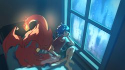 Rule 34 | 1boy, aged down, barefoot, bed, black shorts, charizard, claws, commentary request, creatures (company), fire, flame-tipped tail, game freak, gen 1 pokemon, indoors, leon (pokemon), looking outside, male focus, night, nintendo, on bed, pokemon, pokemon (creature), pokemon swsh, purple hair, red shirt, shirt, short hair, short sleeves, shorts, sitting, spread legs, suruga dbh, toes, water drop, window