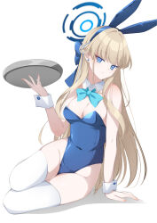 Rule 34 | 1girl, animal ears, bare shoulders, blonde hair, blue archive, blue bow, blue eyes, blue hairband, blue leotard, bow, bowtie, braid, breasts, cleavage, closed mouth, detached collar, fake animal ears, full body, hairband, halo, highleg, highleg leotard, highres, holding, holding tray, leaning to the side, leotard, long hair, looking at viewer, medium breasts, official alternate costume, official alternate hairstyle, playboy bunny, rabbit ears, sitting, solo, thighhighs, thighs, toki (blue archive), toki (bunny) (blue archive), tray, very long hair, white thighhighs, wrist cuffs, yokozuwari, yu-ta