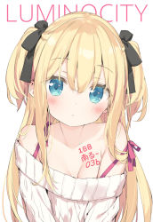 Rule 34 | 1girl, bare shoulders, black ribbon, blonde hair, blue eyes, blush, body writing, breasts, cleavage, closed mouth, collarbone, commentary request, copyright request, hair ribbon, highres, kani biimu, long hair, long sleeves, looking at viewer, off shoulder, original, ribbon, shimotsuki potofu, simple background, small breasts, solo, sweater, two side up, upper body, white background, white sweater