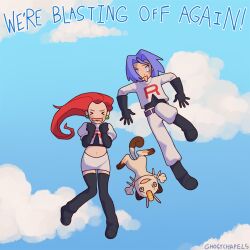 Rule 34 | 1boy, 1girl, boots, closed eyes, cloud, commentary, creatures (company), crop top, day, english commentary, english text, game freak, gen 1 pokemon, gloves, highres, james (pokemon), jessie (pokemon), long hair, meowth, midriff, navel, nintendo, open mouth, pokemon, pokemon (anime), pokemon (creature), purple hair, red hair, short hair, sky, websmunks