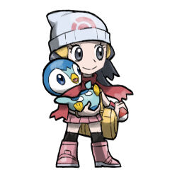 1girl :&gt; beanie black_hair black_socks blacknirrow blue_eyes boots child closed_mouth commentary creatures_(company) dawn_(pokemon) english_commentary game_freak gen_4_pokemon grey_eyes hat holding holding_poke_ball holding_pokemon long_hair nintendo open_mouth pink_boots pink_skirt piplup poke_ball poke_ball_(basic) pokemon pokemon_(creature) pokemon_dppt poketch red_scarf scarf simple_background skirt smile socks standing watch white_background white_hat wristwatch yellow_bag