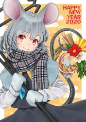 Rule 34 | 1girl, 2020, animal ears, black skirt, black vest, border, commentary request, dowsing rod, flower, grey hair, grey scarf, happy new year, head tilt, highres, holding, jewelry, leaf, long sleeves, looking at viewer, mittens, mouse (animal), mouse ears, mouse tail, nazrin, new year, orange background, outside border, pendant, plaid, plaid scarf, red eyes, red flower, scarf, shirt, short hair, skirt, skirt set, smile, solo, tail, torinari (dtvisu), touhou, upper body, vest, white border, white flower, white shirt