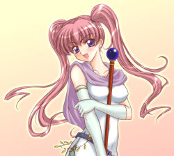Rule 34 | 1girl, between breasts, blush, breasts, cleric, elbow gloves, female focus, fire emblem, fire emblem: the blazing blade, gloves, happy, long hair, nintendo, open mouth, pink hair, purple eyes, scarf, serra (fire emblem), solo, staff, twintails