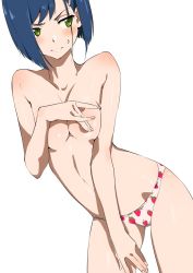 Rule 34 | 10s, 1girl, blue hair, blush, closed mouth, covering breasts, covering privates, darling in the franxx, domo1220, food print, green eyes, hair ornament, hairclip, ichigo (darling in the franxx), looking away, name connection, panties, print panties, short hair, simple background, solo, standing, strawberry panties, strawberry print, topless, underwear, underwear only, white background