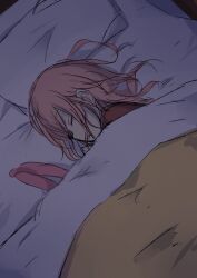 Rule 34 | 1girl, brown shirt, closed eyes, highres, long hair, lying, on side, original, parted lips, pillow, pink hair, satou saya, shirt, sketch, solo, stuffed animal, stuffed rabbit, stuffed toy, under covers